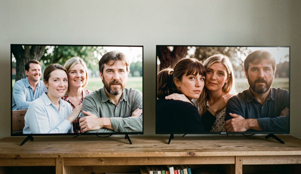 Due televisori affiancati sulla stessa parete mostrano la stessa scena con resa dei colori diversa in una stanza neutra